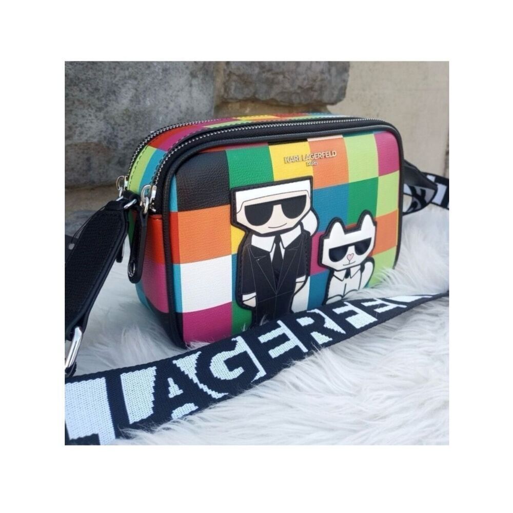 NWT Rare KARL LAGERFELD Cat Maybelle Camera Multi Color Crossbody Bag Gift  Box